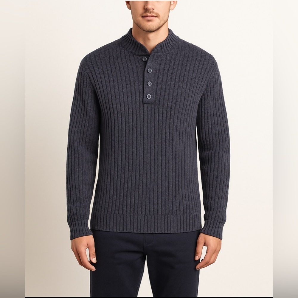 Eddie Bauer Navy Ribbed Henley Sweater Men’s Size L